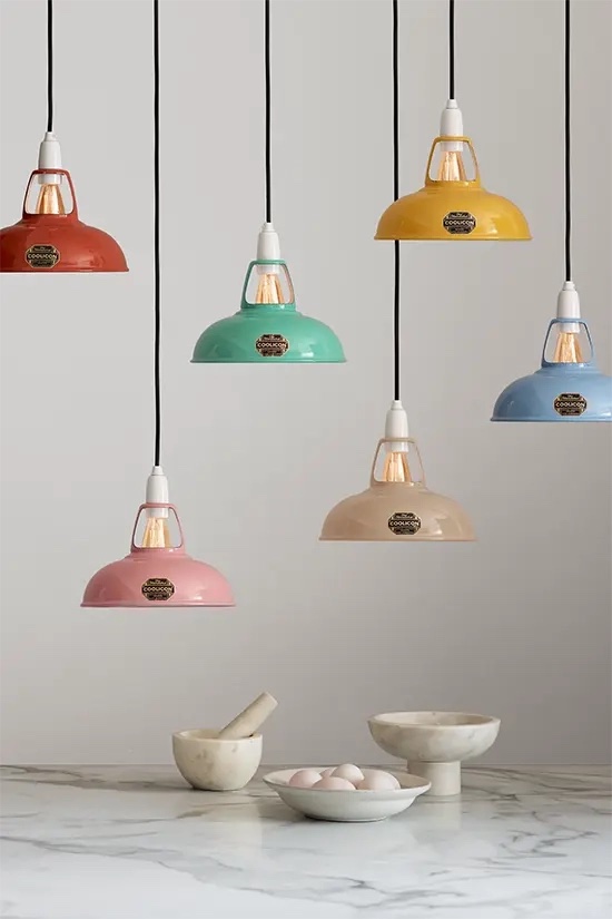 Coolicon Lighting Contemporary Palette Hand crafted Vitreous Enamel lamp shades Terracotta Sky Blue Pink Latte Brown Teal Yellow portrait